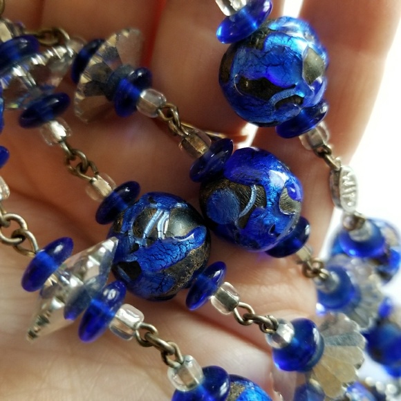 Relisted - long Chunky Art Glass necklace blue silver flapper - Picture 5 of 7